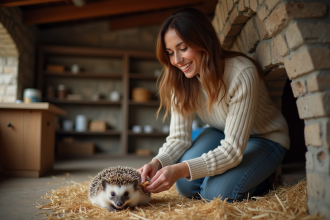 Femme soignant un hérisson dans un refuge chaleureux