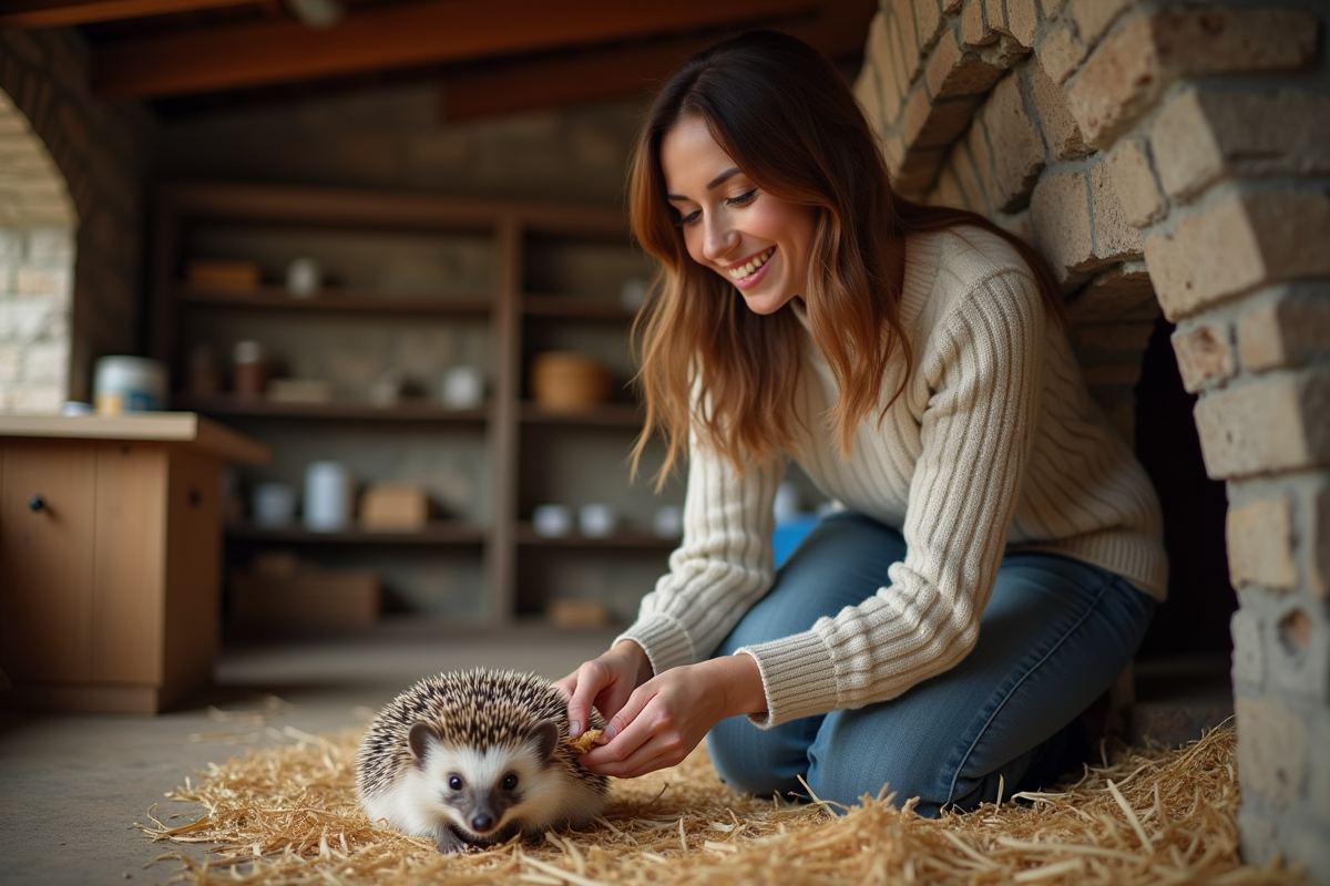 Femme soignant un hérisson dans un refuge chaleureux