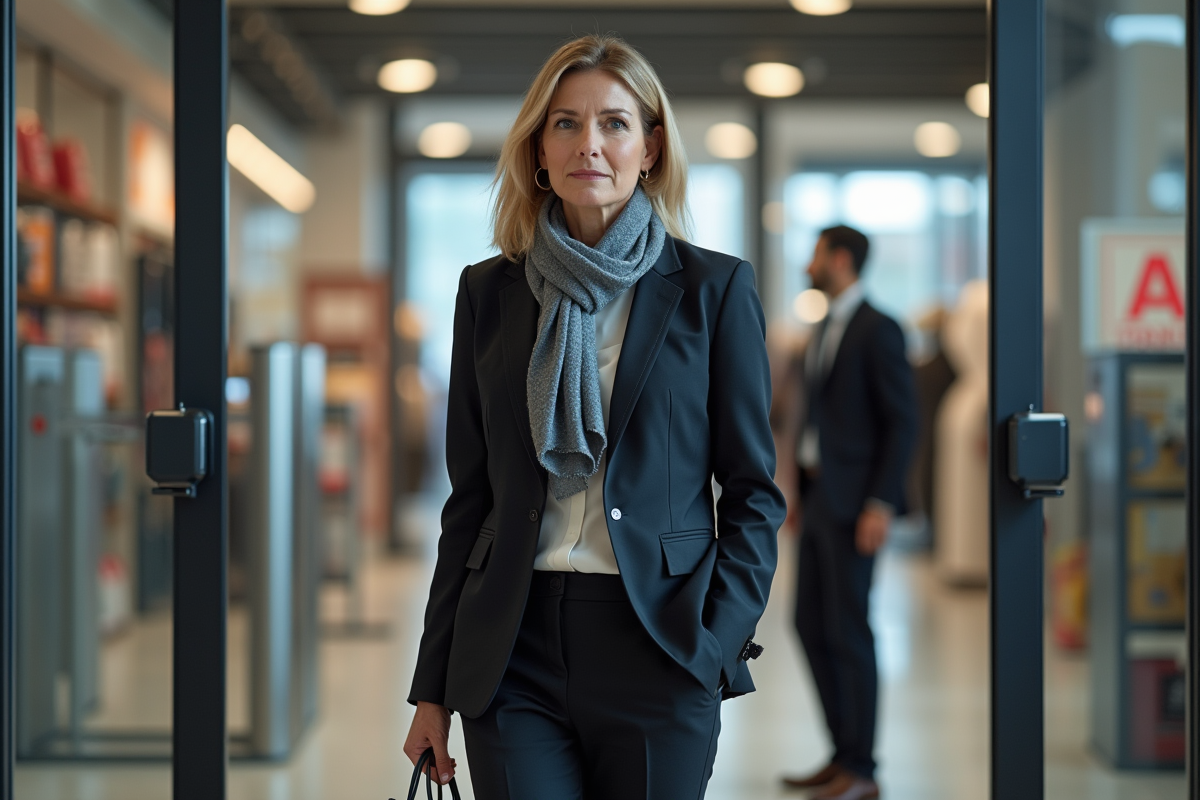 Femme d affaires surprise devant un portique de magasin