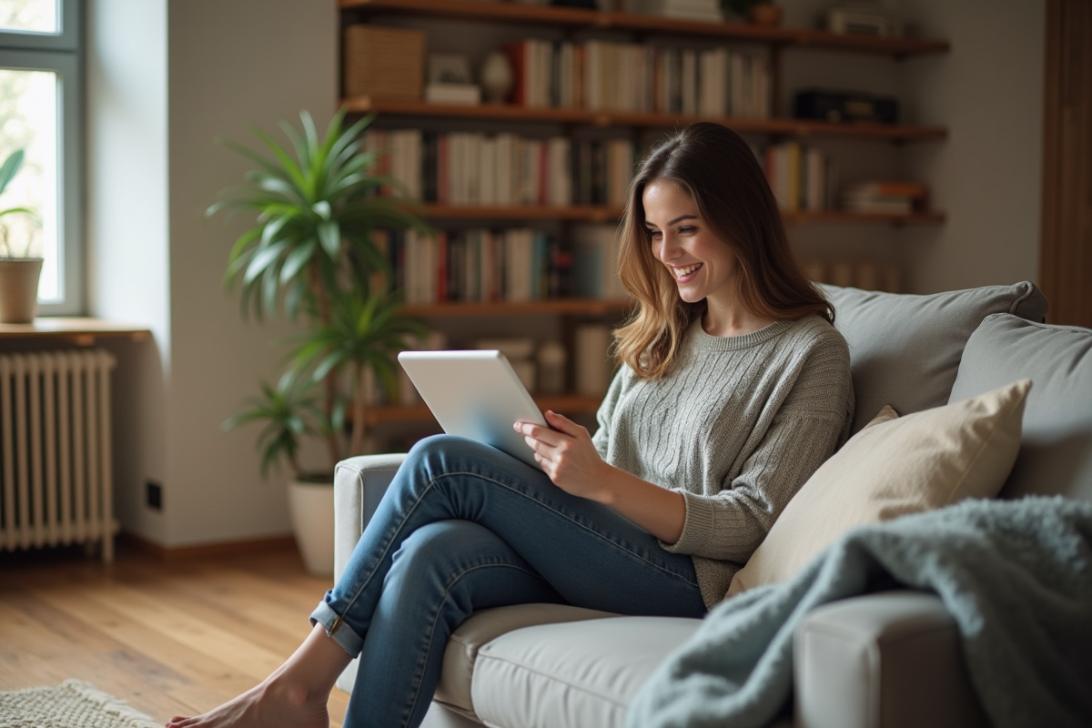 Femme souriante avec tablette dans un salon cosy