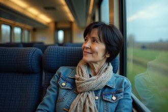 Femme détendue regardant par la fenêtre du train
