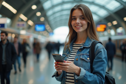 Jeune femme dans une gare avec son smartphone et billet digital