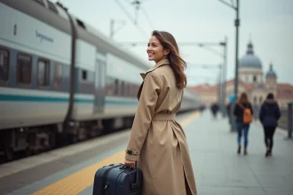 Femme souriante en trench beige à la gare de Venise