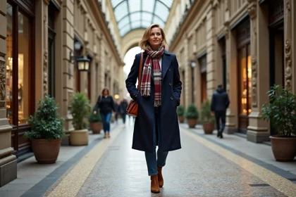 Femme élégante en trench navy dans la galerie vivienne