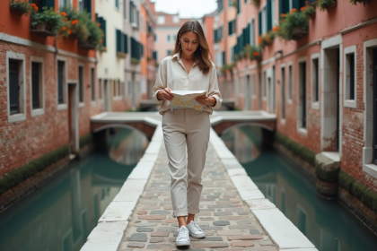 Femme regardant une carte sur un pont vénitien avec canaux