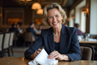 Femme élégante en tailleur navy pliant une serviette blanche