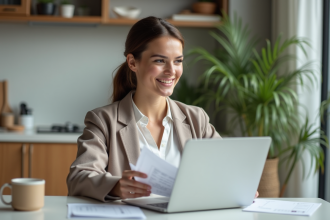 Jeune femme en cuisine avec documents de voyage