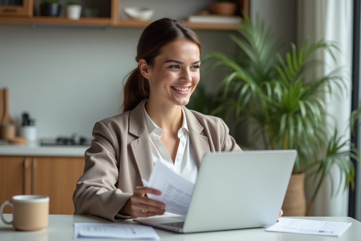 Jeune femme en cuisine avec documents de voyage