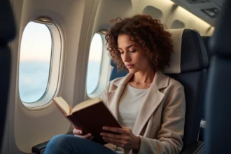Femme d'âge moyen lisant dans un avion confortable