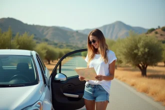 Jeune femme souriante avec voiture de location à Zakynthos
