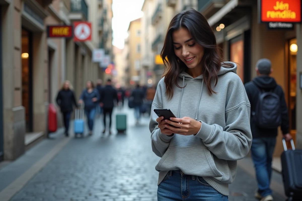 Femme connectee sur une rue piétonne animée