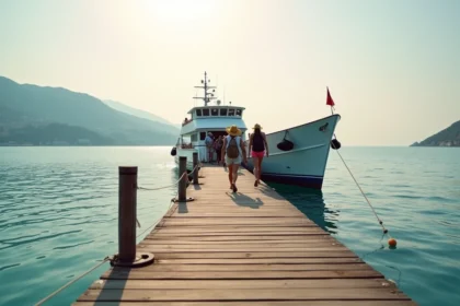 Ferry blanc quittant le quai à l'aube pour rejoindre l'île de Porquerolles avec des passagers à bord