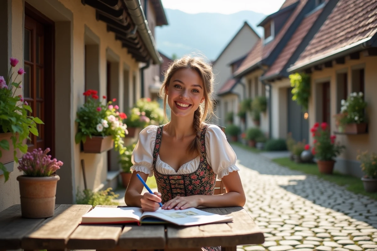Jeune femme écrivant des cartes postales dehors