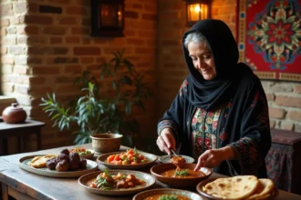 Femme iranienne présentant des plats traditionnels de Hamadan dans un salon de thé persan typique avec céramiques artisanales et tapis kilim