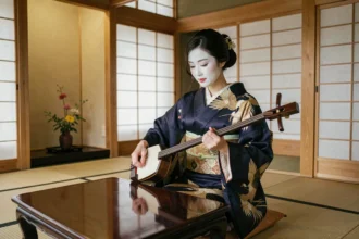 Une geisha japonaise en kimono de soie bleu indigo jouant du shamisen dans un salon de thé traditionnel de Kyoto