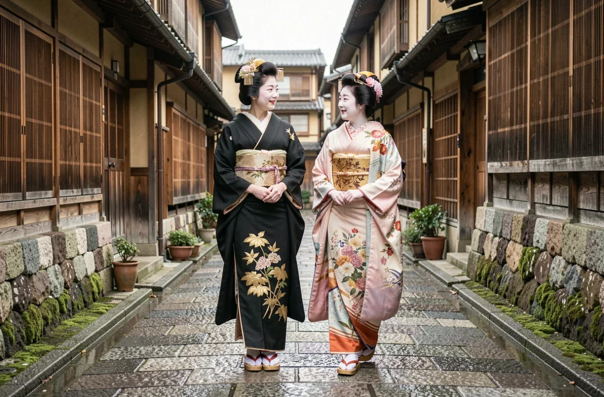 Une geisha et sa maiko apprentie marchant dans le quartier historique de Gion à Kyoto en kimono traditionnel