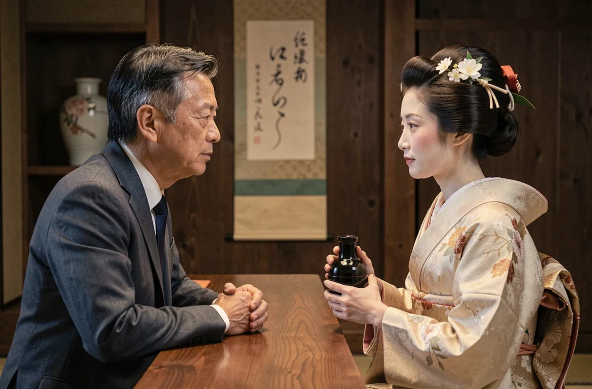 Une geisha servant du saké à un homme d'affaires japonais dans une salle de banquet ozashiki traditionnelle à Kyoto