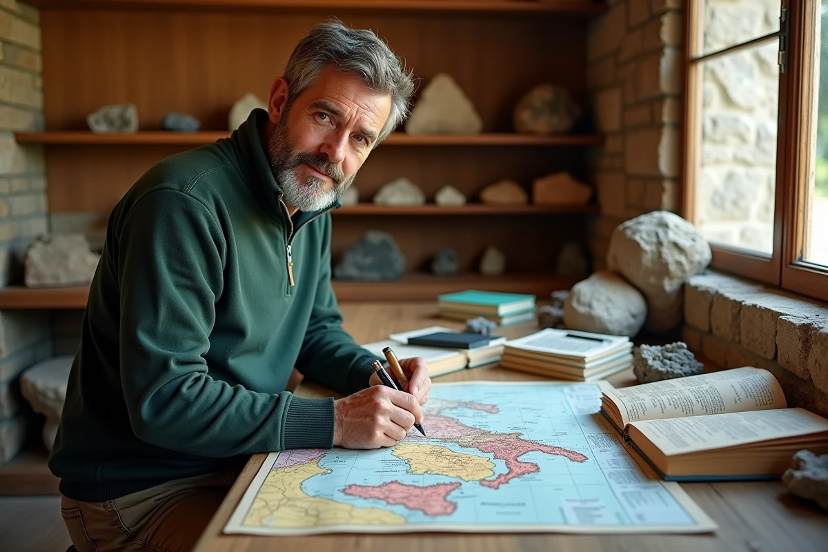 Géologue annotant une carte des volcans italiens dans un centre d'interprétation volcanique