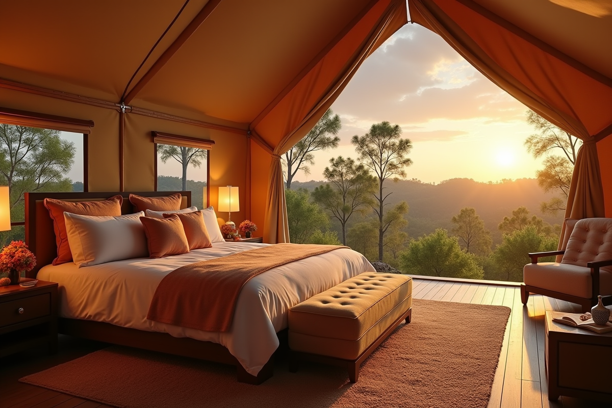 Tente de luxe en glamping au lever du soleil avec lit king size
