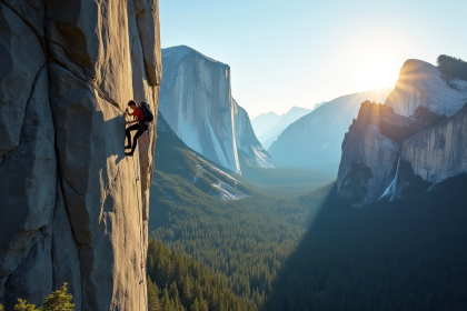 Grimpeur escaladant El Capitan dans Yosemite avec soleil