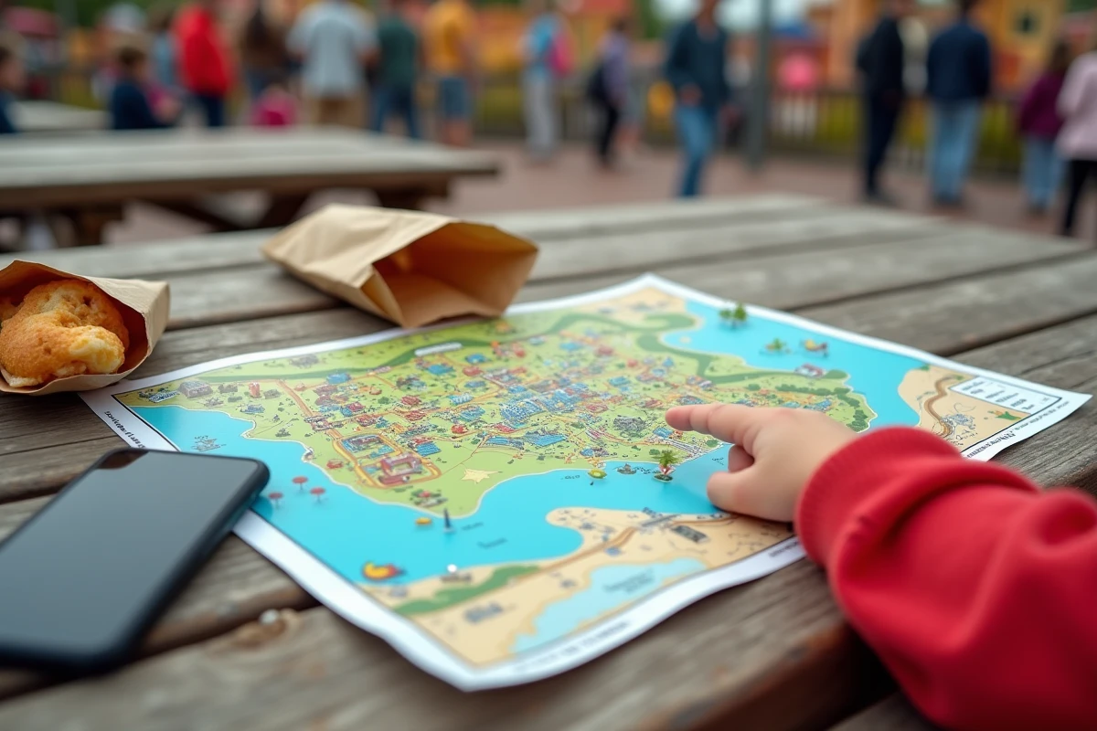 Gros plan d'un plan imprimé d'Eurodisney sur une table de pique-nique avec la main d'un enfant désignant une attraction