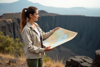 Guide touristique tenant une carte des volcans d'Italie au bord d'un cratère de l'Etna en Sicile