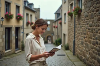 Femme consultant un guide touristique local devant les remparts médiévaux de Guérande en Bretagne