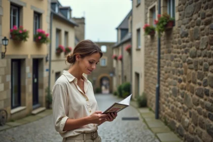 Femme consultant un guide touristique local devant les remparts médiévaux de Guérande en Bretagne
