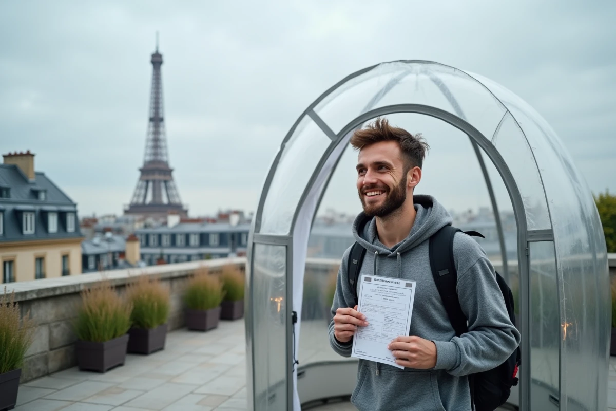 Voyageur entrant dans une tente bulle insolite sur un toit parisien avec vue sur la Tour Eiffel