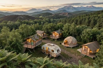 Vue panoramique d'hébergements insolites variés nichés dans les forêts et collines d'Auvergne-Rhône-Alpes au crépuscule