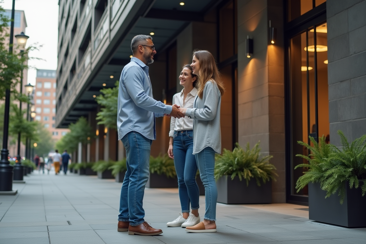 Homme accueillant un couple devant immeuble urbain