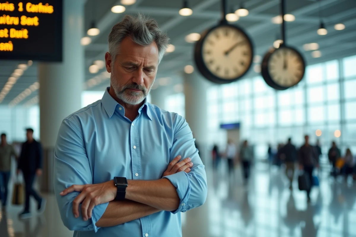 Homme consultant sa montre dans un aéroport face à des horloges affichant l'heure de Paris et de La Réunion