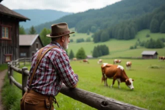 Homme bavarois en lederhosen regardant les pâturages