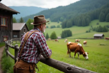 Homme bavarois en lederhosen regardant les pâturages