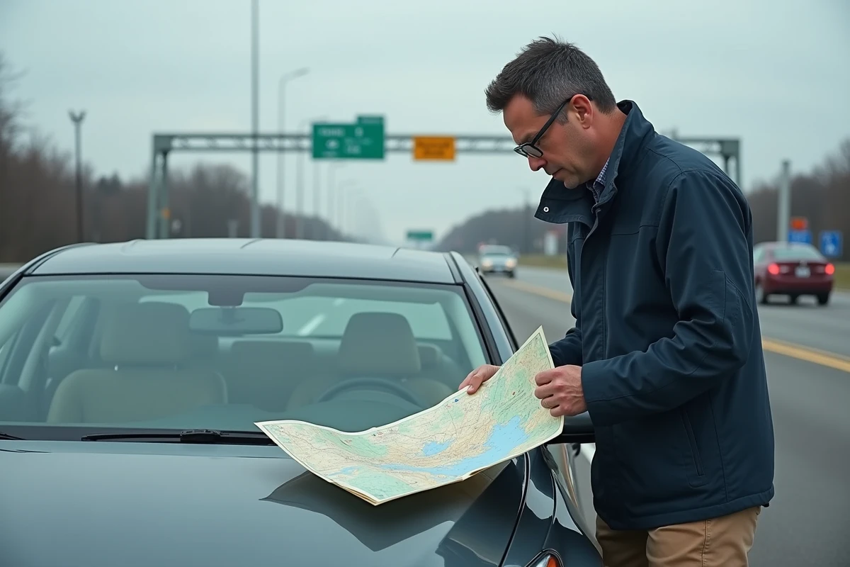 Homme étudiant une carte routière au poste frontière