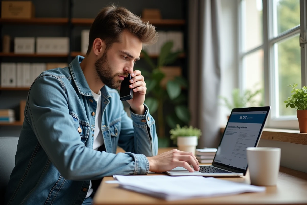 Homme au home office utilisant son ordinateur pour appeler