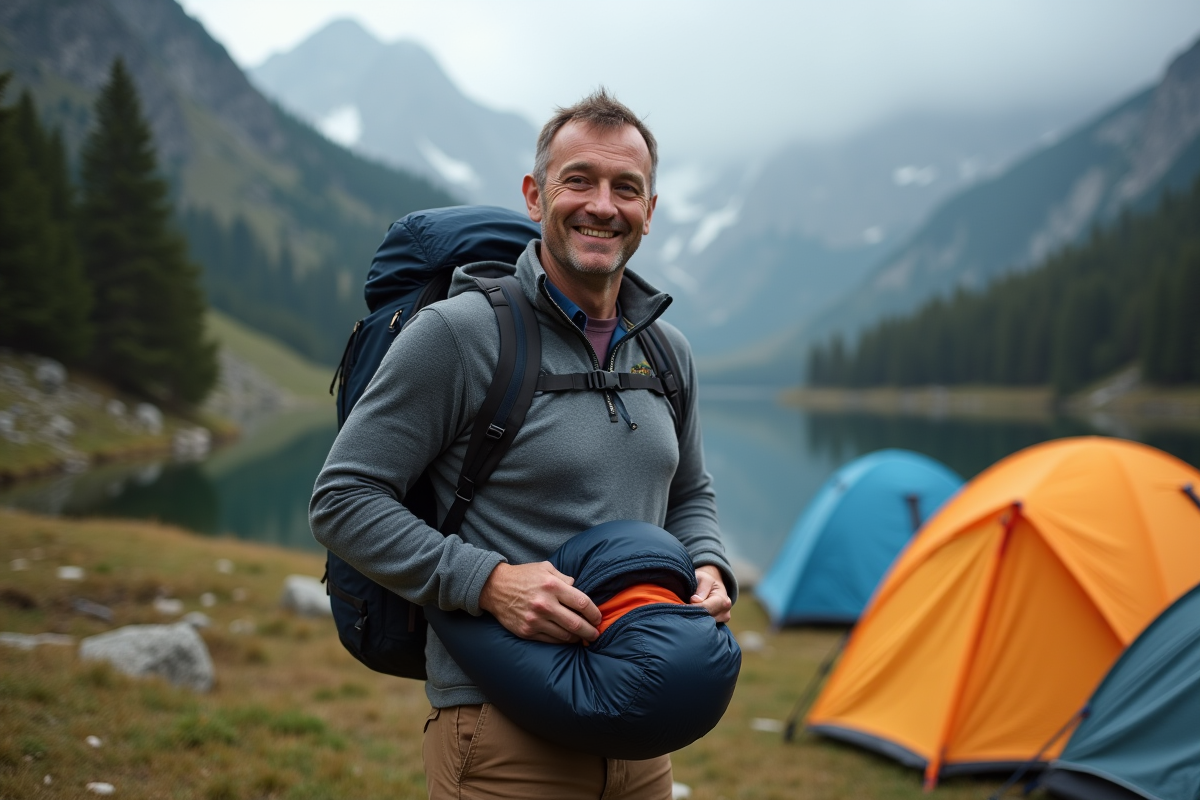 Homme pliant un sac de couchage au bord d’un lac de montagne