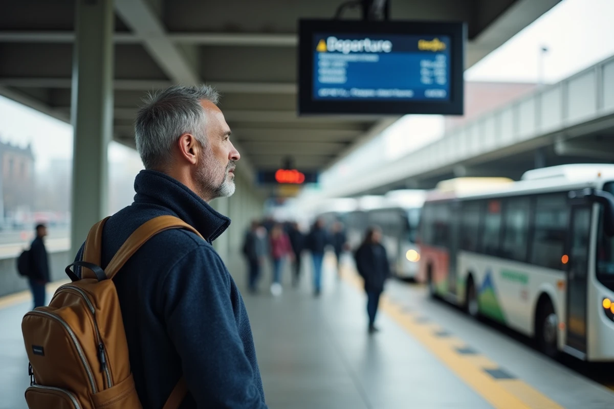 Homme consultant le tableau des départs dans une gare routière moderne pour un trajet longue distance
