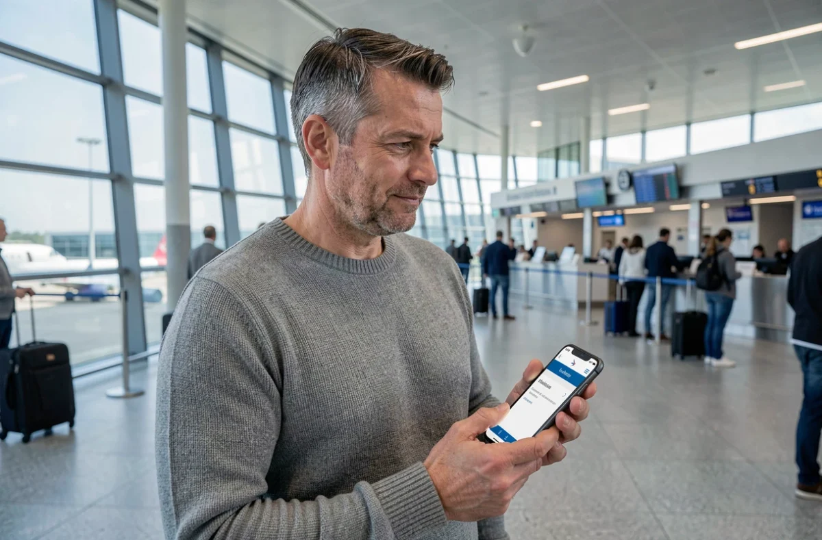 Homme gérant sa réservation Air Algérie sur smartphone dans un terminal d'aéroport