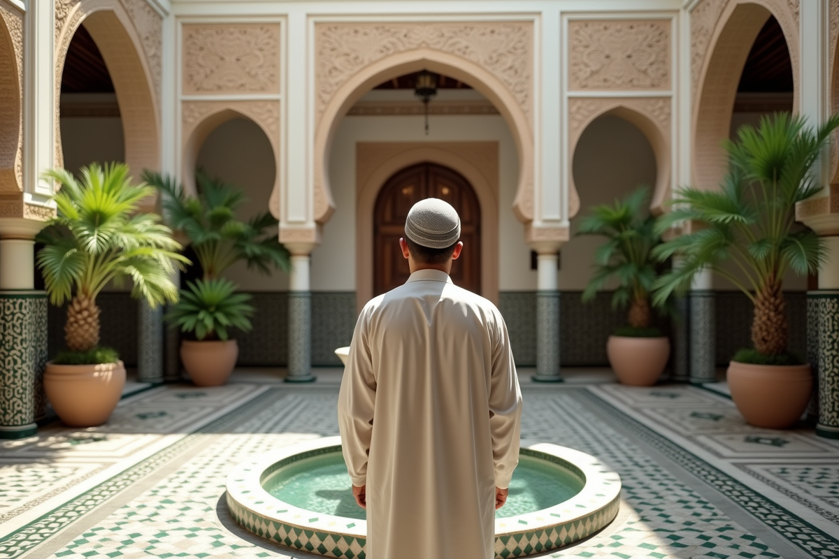 Homme marocain en djellaba près d'une fontaine dans un riad