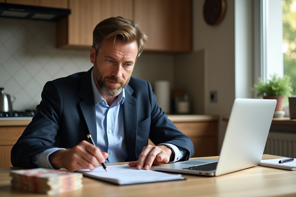 Homme belge organisant ses documents de voyage à la maison