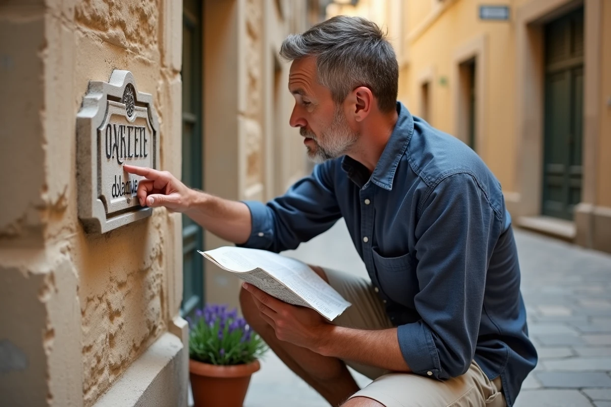 Homme lisant un plan de rue dans une ruelle pavée du vieux Aix-en-Provence