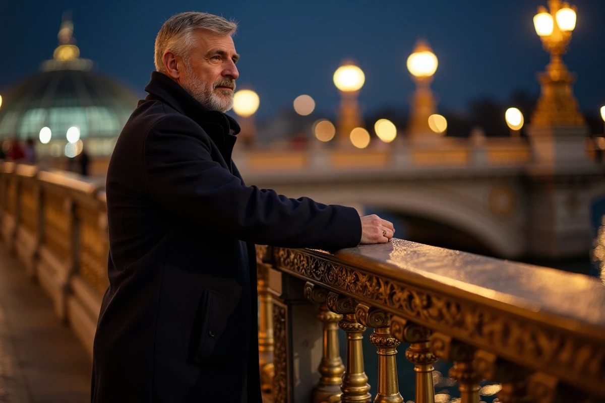 Homme appuyé sur le Pont Alexandre III la nuit avec les lampadaires dorés et la Seine en arrière-plan