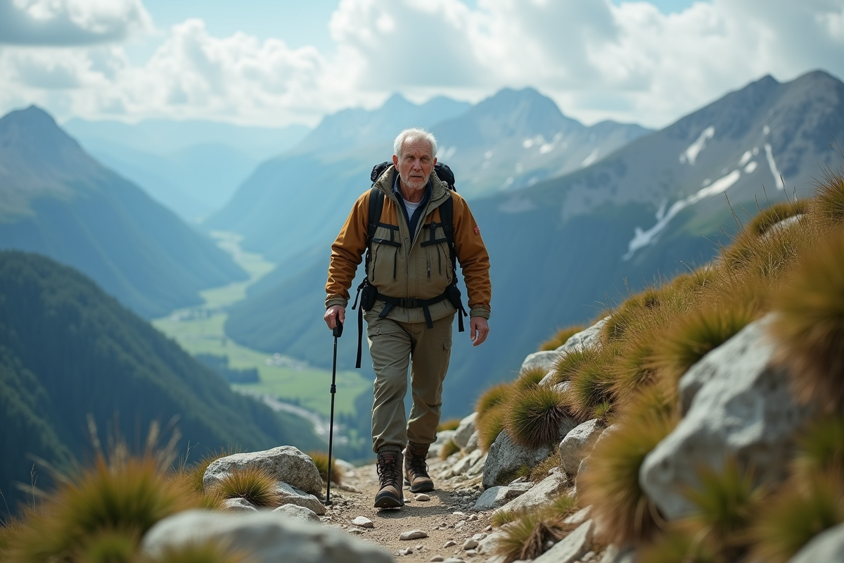 Homme âgé escaladant une pente rocheuse