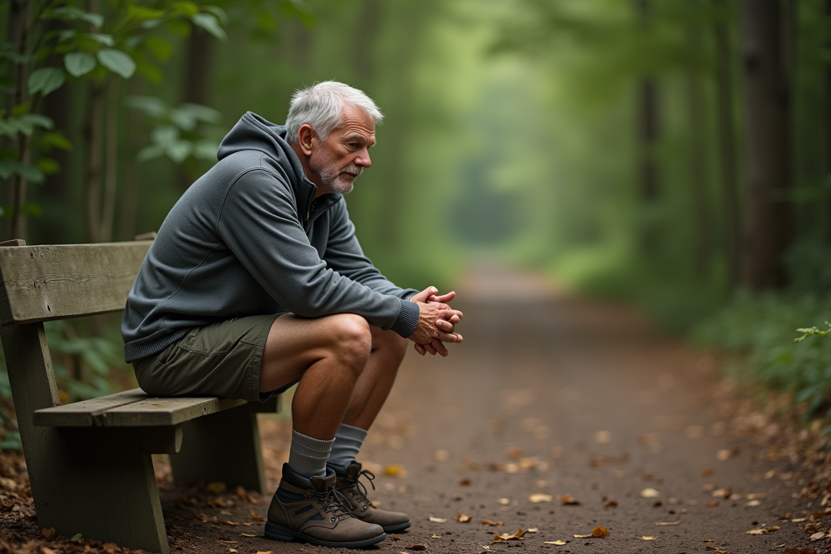 Homme âgé se reposant sur un banc en forêt