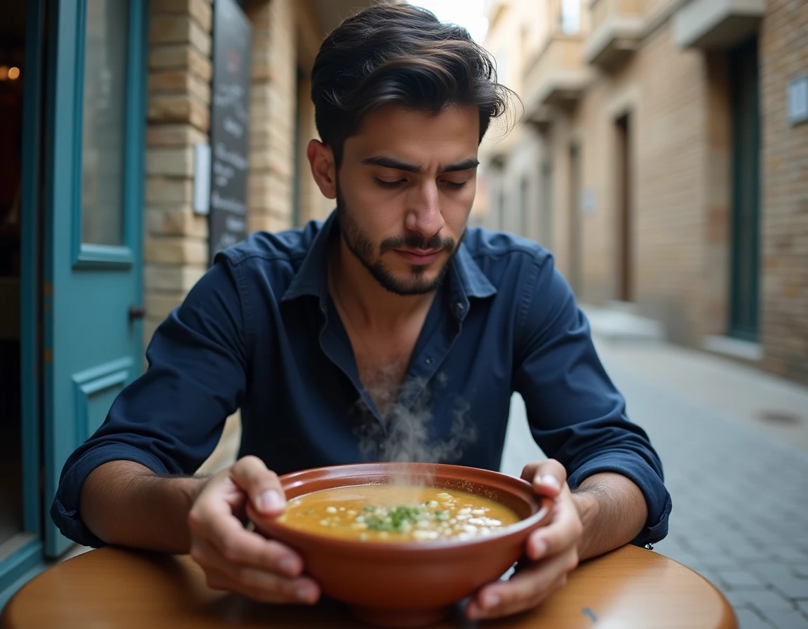 Jeune homme iranien dégustant une soupe d'orge traditionnelle dans une ruelle de Hamadan avec architecture en pierre ancienne en arrière-plan