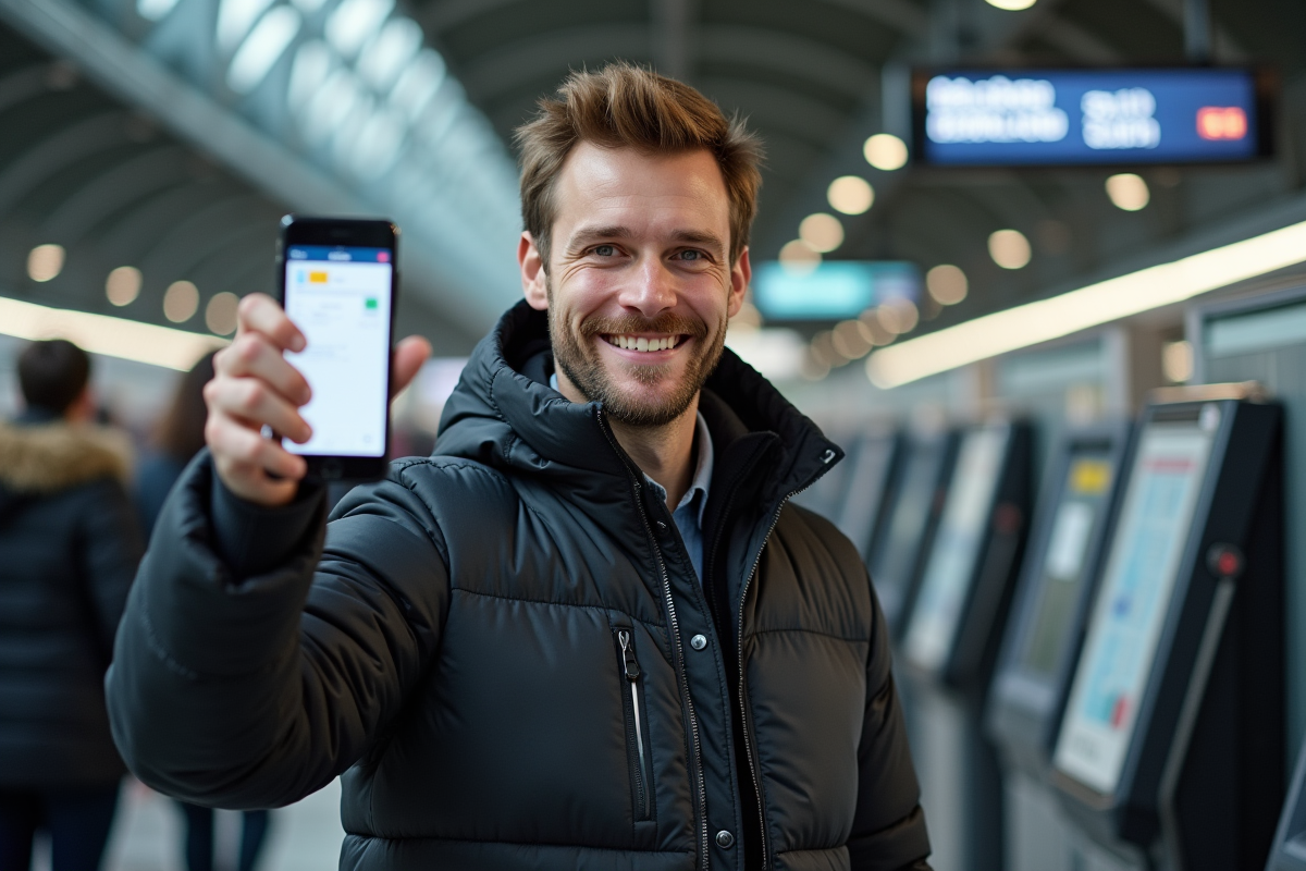 Homme dans une gare avec un pass digital sur smartphone