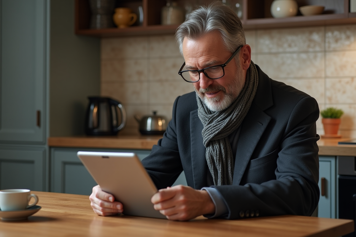 Homme à la maison regardant un e-ticket sur sa tablette