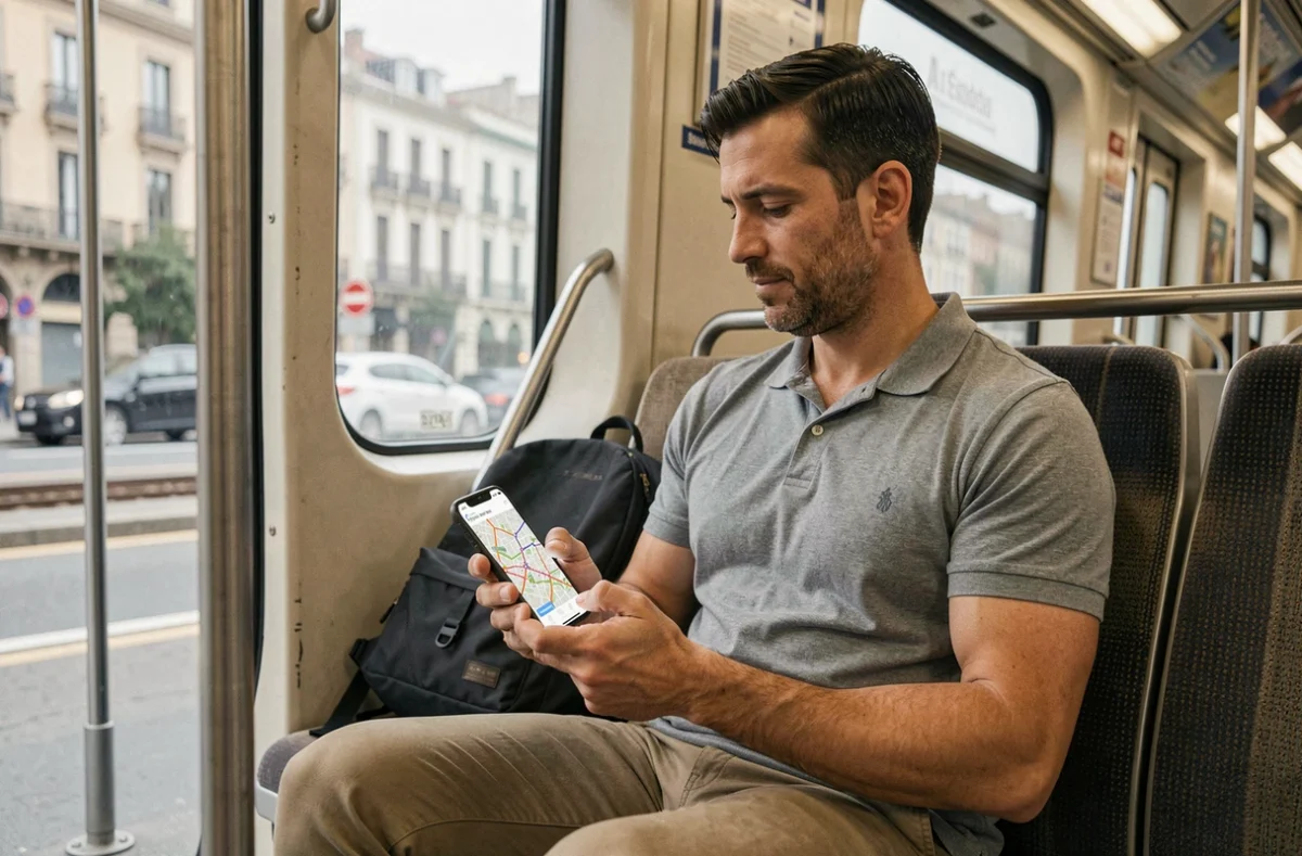 Homme dans le train express vers le centre-ville de Madrid regardant une application de transport en commun sur son smartphone