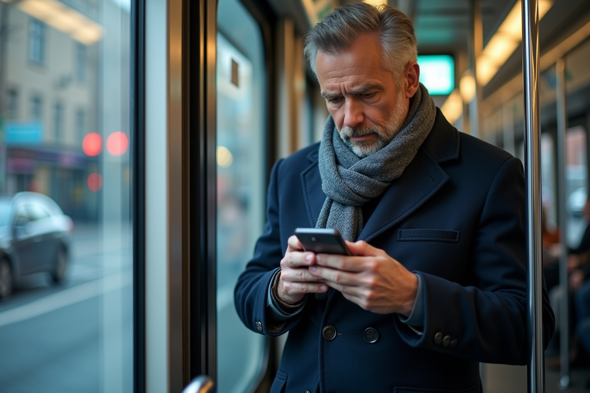 Homme d age moyen regarde son smartphone dans tram
